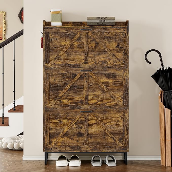 BORNOON Shoe Cabinet with 3 Flip Drawers Narrow Shoe Storage Cabinet Organizer Wooden Freestanding Shoe Rack Hidden Slim Shoes Storage Cabinet for Entryway, Hallway, Living Room, Bedroom - Image 4