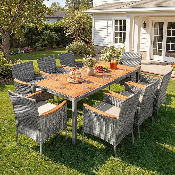 Devoko Outdoor Patio Dining Sets 9 Pieces Wicker Outdoor Dining Table and Chairs Set with Acacia Wood Table Top and Widened Armrests for Backyard, Garden, Deck (Grey) - Image 2