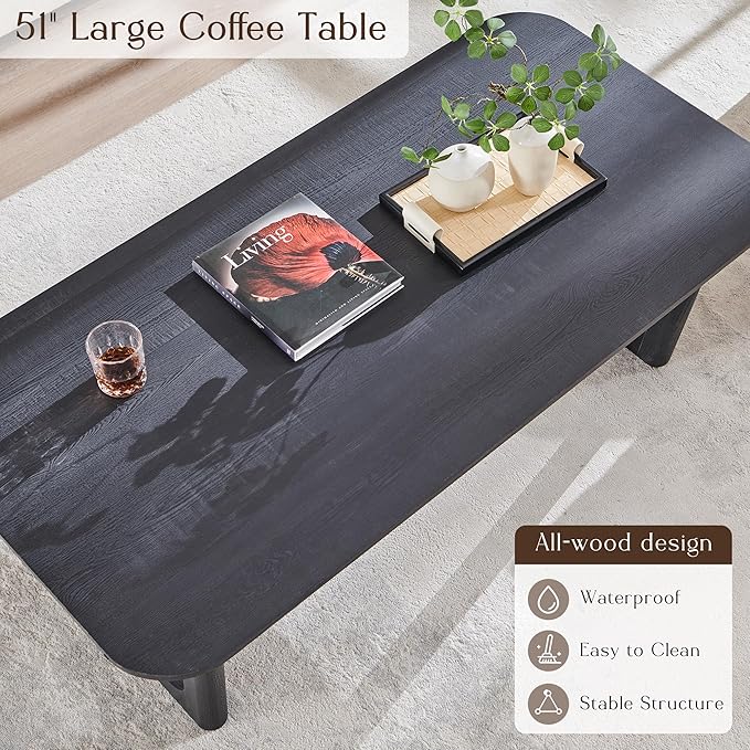 ACCOHOHO Modern Coffee Table for Living Room,51.2" Large Rectangle Wood Coffee Table with U-Shaped Legs & Sturdy Base Design,Center Table for Office,Apartment,Black