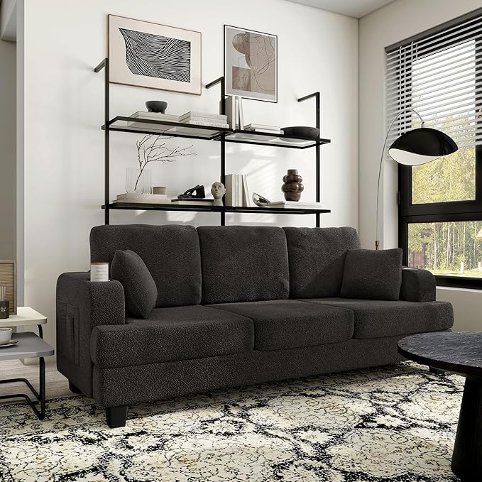 Homes: Inside + Out Reese Modern Plush Boucle Couch with Side Pockets, Cup Holders and USB Ports, Wooden Comfortable Sofa for Living Room, Bedroom and Office, Dark Grey