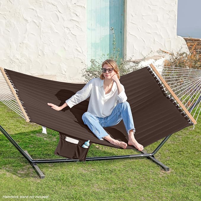 GAFETE Hammock 2 Person Quilted Fabric Hammocks for Outside, Double 12ft Hammocks with Spreader Bar, Large Removable Pillow, Storage Bag, Carabiners, Max 475 lbs Capacity (Coffee) - Image 2