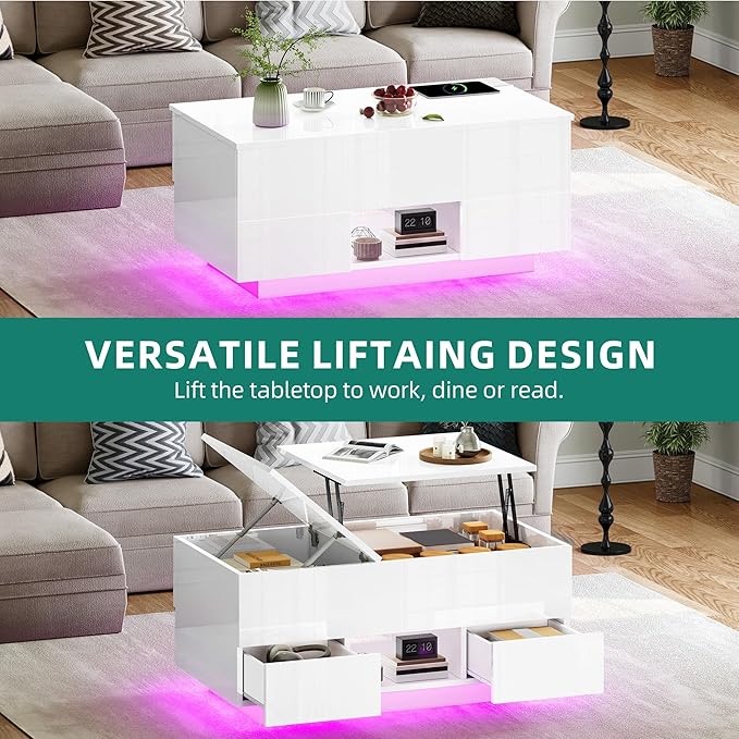 YITAHOME LED Lift Top Coffee Tables for Living Room with Power Outlets Charging Station, Modern Coffee Table with Storage 2 Drawers and Open Shelfs Rectangular Small Coffee Table Decor, Glossy White