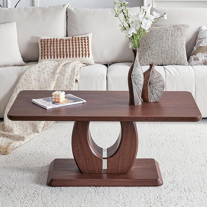 LKTART Coffee Table for Living Room, Modern Coffee Table with Storage, Rectangle Tabletop Stable Base for Dining Room Apartment Small Space (43.3''L×22.4''W-Walnut)
