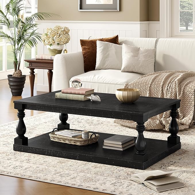P PURLOVE Solid Wood Coffee Table,Modern Farmhouse Coffee Table/Center Table with Storage Rectangle for Living Room,Black