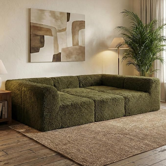 Furniture of America Havyn Modern Faux Fur 6-Seater Modular Foam Sofa Bed with Ottoman, Compressed Couch in a Box, No Assembly Required, for Living Room and Office, Olive Green