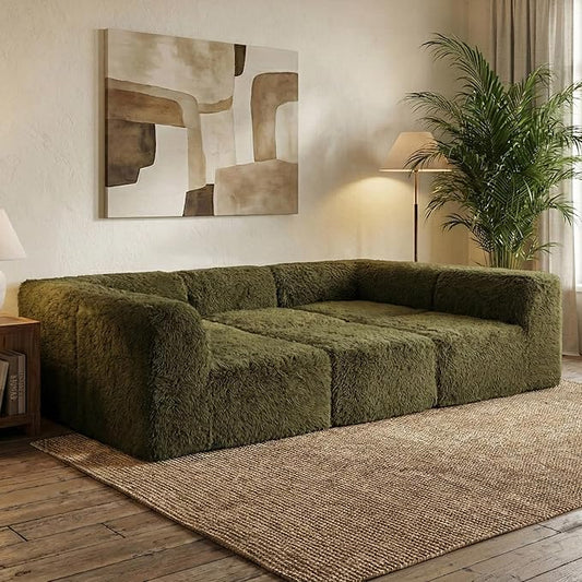 Furniture of America Havyn Modern Faux Fur 6-Seater Modular Foam Sofa Bed with Ottoman, Compressed Couch in a Box, No Assembly Required, for Living Room and Office, Olive Green