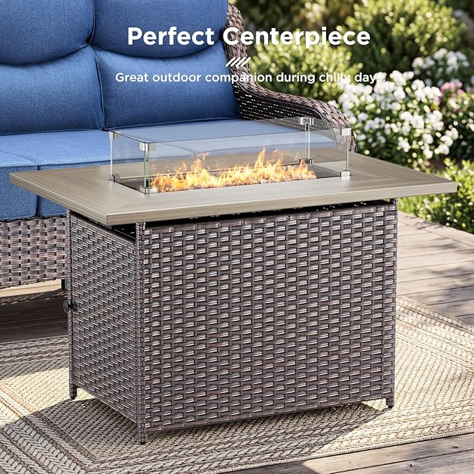 Luxury High Back Outdoor Furniture with 6-inch Extra Thick Cushions, Patio Furniture Set with Fire Pit Table & Swivel Chairs, 9 PCS Wicker Conversation Set for Yard, Deck, Poolside, Brown/Blue