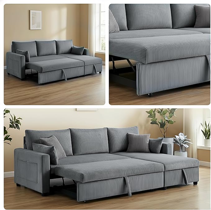 Casaphoria 85" Corduroy Sleeper Sofa with Pull Out Bed & Storage Chaise, L-Shaped Sectional Couch for Small Apartment, Living Room & Guest Room, 3-Seat Convertible Sofa Bed, Dark Gray