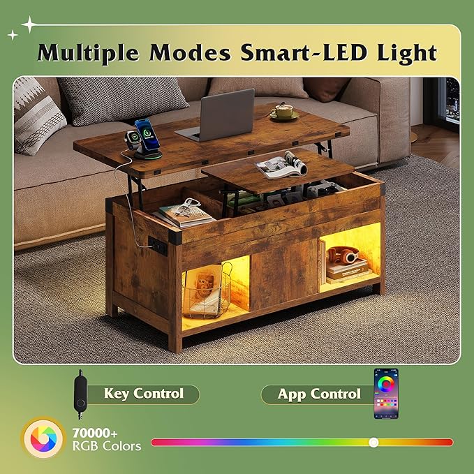 WLIVE 40" Lift Top Coffee Table, 4 in 1 Coffee Tables with Storage, 2 Fabric Drawers, LED Light and USB, Modern Coffee Table with Hidden Compartment for Living Room, Dining Room, Rustic Brown