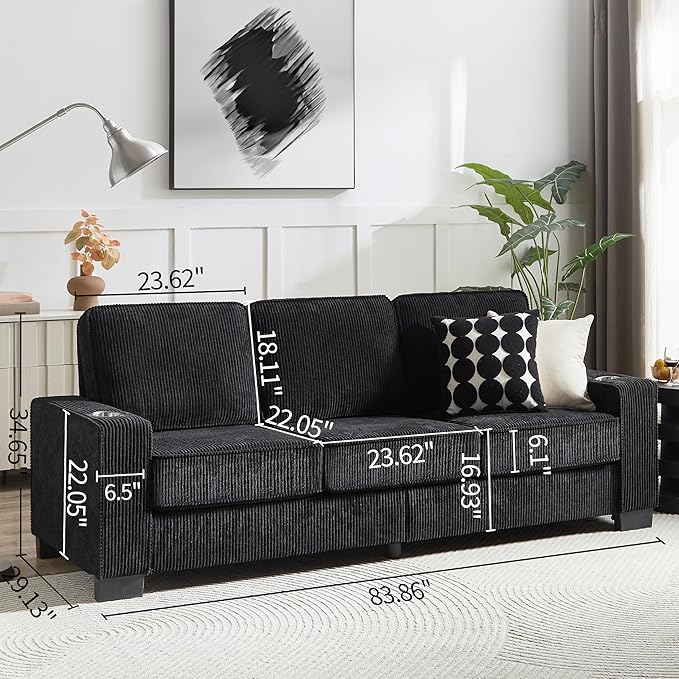 83" Modern Cloud Sofas for Living Room Bedroom, 3 Seat Modular Couch Soft Corduroy Upholstered Loveseat Couches with Cupholders for Home Apartment Office Studio