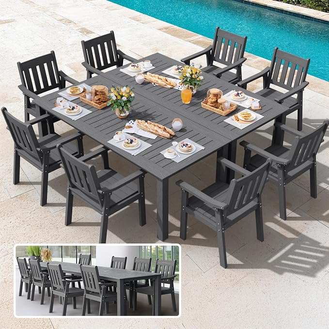 YEFU HIPS Patio Table Set: 10 Piece Outdoor Table and Chairs Dining Furniture Set with Umbrella Hole - Gray Modern Plastic Dining Sets 8 Person for Outside Deck with Metal Aluminum Frame by YEFU