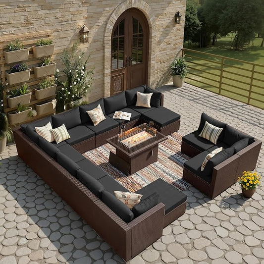 BULEXYARD 15 Piece Highback Wicker Patio Furniture Sets with Firepit, All-Weather Heavy Duty Outdoor Conversation Set Modular, Extra Deep Wide 14-Seats Sectional Couch Sofa for Backyard, Brown & Black