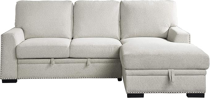 Lexicon Mid Century Modern Sectional Sleeper Sofa Bed Couch with Storage Chaise, Sectional Sofa Pull Out Couch Bed, Sectional Couch Lounge Sofa for Living Room Apartment, Right Side Chaise, Beige