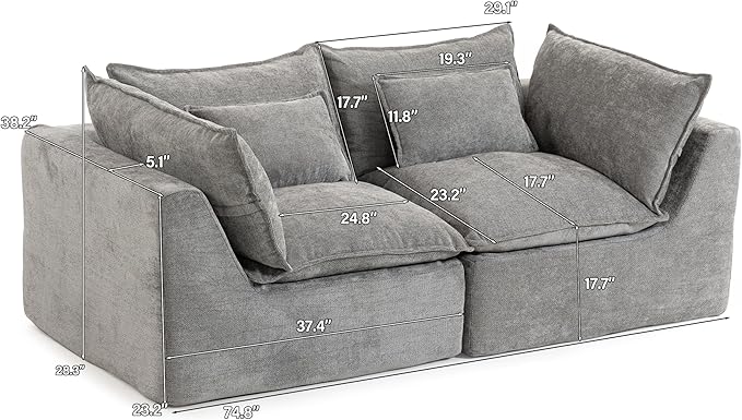 Chenille Modular Sectional Sofa Couch, Boneless Loveseat Cloud Couch for Living Room, Upholstered Compression Sofa in A Box w/Layers Seat Cushions, No Assembly Required | Plush, Wider Armrest