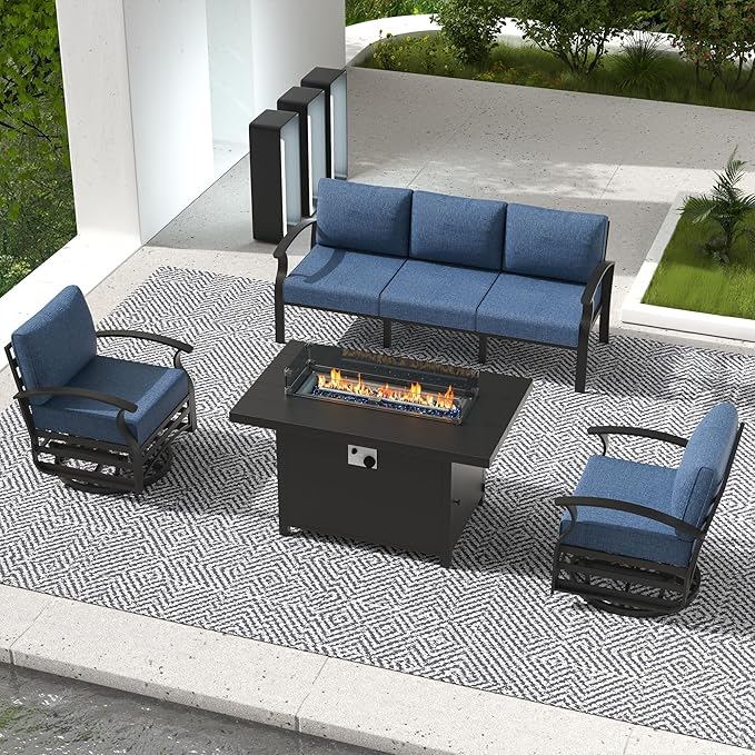 Aluminum Outdoor Patio Furniture Set,4 Pieces 5 Seats Patio Conversation Sets with 45" Propane Fire Pit Table,Metal Patio Sectional Furniture Set with 2 Swivel Rocking Chairs,Navy Blue
