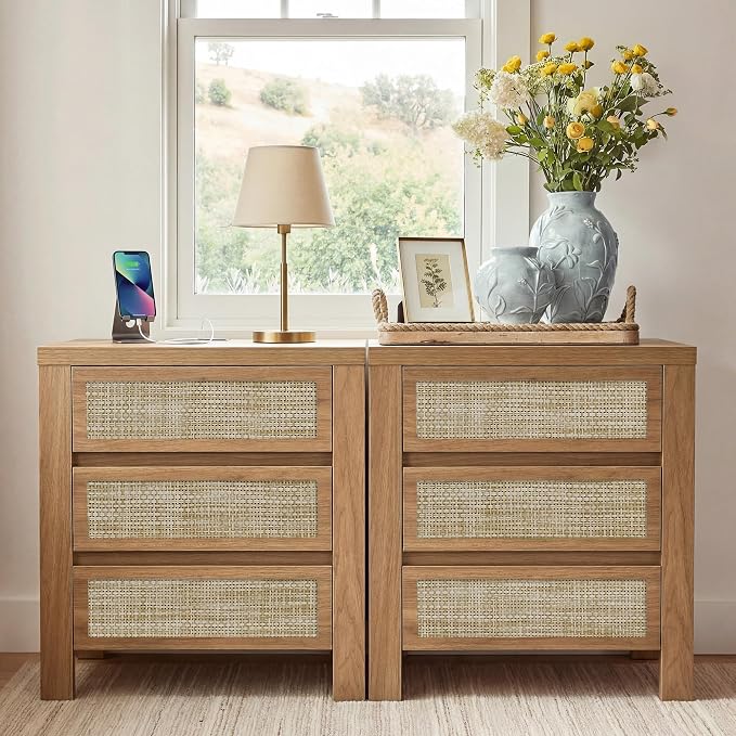 Yechen Night Stand Set of 2, Rattan Nightstands with Type-C Charging Station, 3 Rattan Drawers- Boho End Table Bedside Tables for Bedroom, Natural Walnut by Yechen