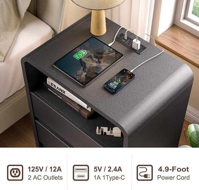 Modern Night Stand with Charging Station, 25" Tall Wood Nightstand Bedside Table with 3 Drawers & USB Ports, Mid-Century End Table for Bedroom (1, Black Smooth, 2 Drawers) - Image 3