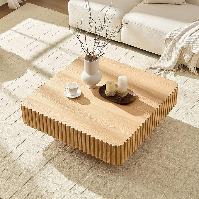 WILLIAMSPACE 35.43" Square Coffee Table with Sturdy Base, Modern Luxury Wood Drum Center Table Accent End Side Table for Living Room, Minimalist Fluted Design, Oak