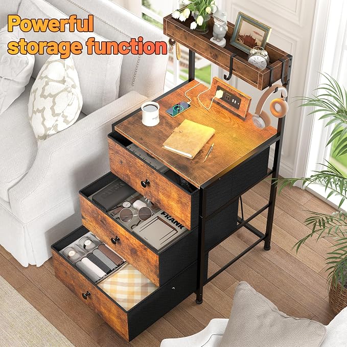 EnHomee Nightstand with Charging Station & LED Lights, Nightstand with 3 Fabric Drawers, Bedside Table for Bedroom, Entryway, Hallway, Closet, 4 Hooks, 1 top Shelf, Rustic Brown - Image 4