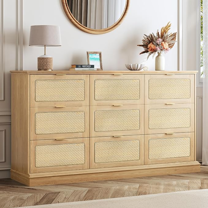 HUAHUU 9 Drawer Dresser for Bedroom, 60 Inch Long Dressers & Rattan Chest of Drawers, Large TV Stand for 55, 65, 70 Inch TV, Boho Style, Modern Dresser for, Living Room, Entryway, Bedroom, Natural Oak by HUAHUU