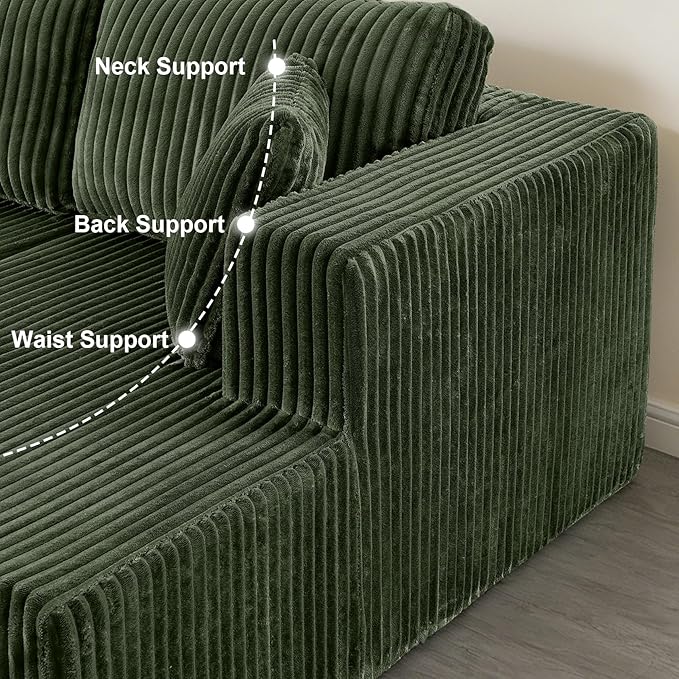 132.48" U-Shaped Sectional Couch, 4-Seat Frameless Modular Sofa with Oversized Chaise, Big Comfy Cloud Couch Set in Soft Corduroy, No-Assembly Boneless Sofas for Living Room, Compressed, Green