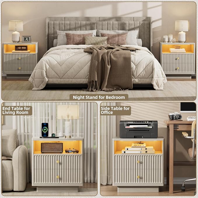 PAPROOS 23'' Fluted Nightstand Set of 2 with Charging Station, Modern Bedside Table with Motion Sensor LED Light, 2-Drawer Storage Cabinet for Bedroom & Home Office (2 pc Beige Gray) - Image 6