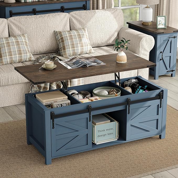 Lift Top Coffee Table, 47.3'' Farmhouse Coffee Table with Large Hidden Storage Compartment & Sliding Barn Doors, Wood Modern Rectangle Table for Home, Office, Blue
