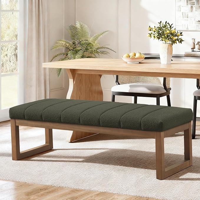 Zihanhome 52.7" Bedroom Bench for End of Bed, Modern Upholstered Teddy Fabric Entryway Bench & Dining Bench, Footrest Stool Bench with Solid Wood Frame for Bedroom, Living Room (Green) by Zihanhome