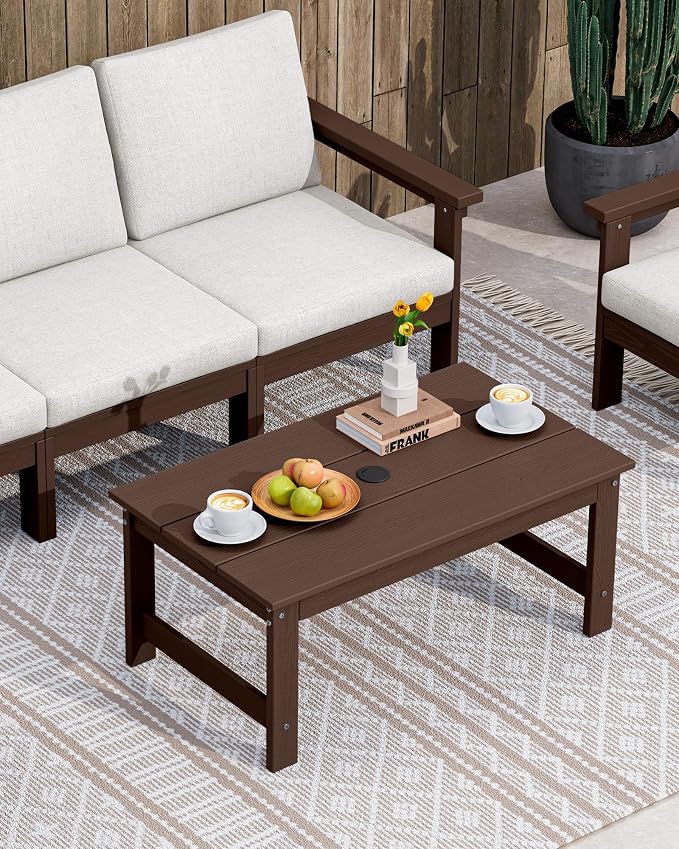 SERWALL HDPE Patio Coffee Table, Rectangle Outdoor Coffee Table, All-Weather Coffee Side Table for Balcony, Poolside, Deck, Garden, Coffee Brown - Image 2