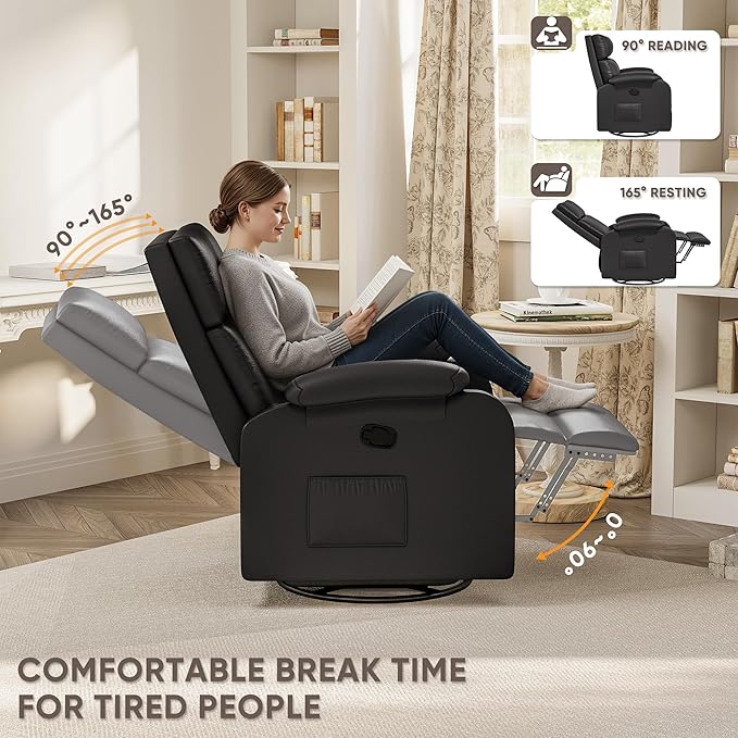 Homall Recliner Chair, 360 Swivel Rocking Chair for Adults, Massage Nursery Chair with Adjustable Backrest and Footrest, PU Leather Glider Rocker Recliners with Side Pocket for Living Room (Black)