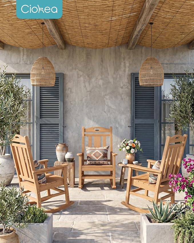 Ciokea Oversized Outdoor Rocking Chairs Set of 4, 380lbs Heavy-Duty Large Patio Rocker, High Back Cozy Porch Chairs, Weather Resistant Patio Rocking Chairs for Outside, Fire Pit, Deck, Teak - Image 2