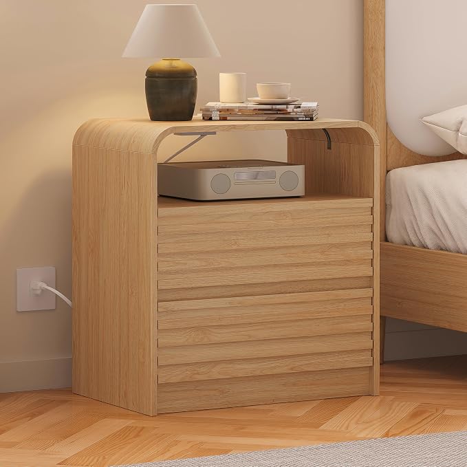 Modern Nightstand with Charging Station, 23.6" Wide Wood Night Stand with 2 Storage Drawers and Curved Edge, Farmhouse Fluted Bedside Table, Bed Side Table, Small End Table for Bedroom, Natural Oak - Image 6