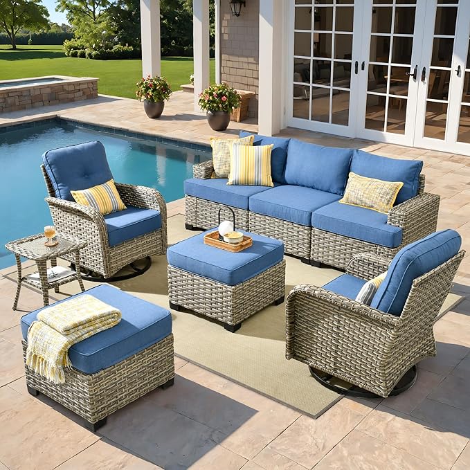 ovios 8 Piece Patio Sectional Furniture with Swivel Rocking Chairs, Rattan Wicker Coversation Set with Glowing Coffee Table, Outdoor Sofa Set for Outside Porch Balcony Backyard Pool, Blue