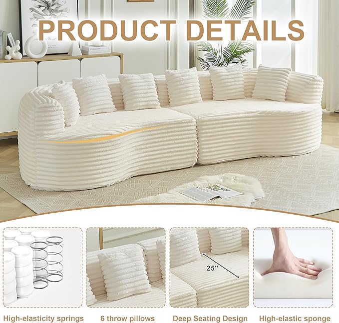 106-Inch Curved Boneless Sofa Couches Compressed 4-Seat Foam Couch for Living Room Bedroom, Boneless Modular Cloud Sofa Curved Floor Couch with 6 Pillows, No Assembly