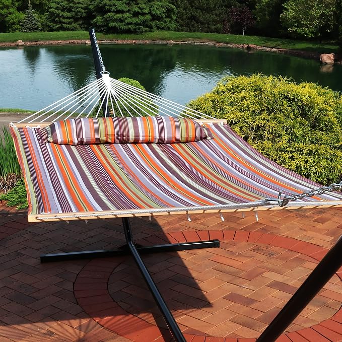 Sunnydaze Quilted Double Hammock for Outside with Spreader Bars and Pillow - 450 lb Capacity, 74x55 Inch Bed, UV Resistant, Quick Dry - Chains Included, Stand Sold Separately - Canyon Sunset - Image 2