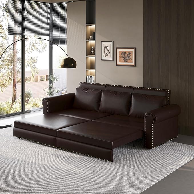 Eafurn 93.7" King Size Pull Out Sofa Bed, 3-in-1 Convertible Sleeper Sofa Couch Bed with Nailhead Decor and Rolled Arms, Faux Leather Oversized Chesterfield Loveseat Chaise Lounge