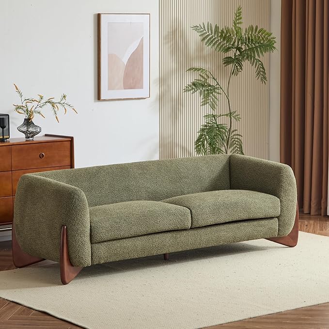 Merax 82 Inch Boucle Sherpa Sofa, Chenille Loveseat with Removable Cushions & Wood Legs, Modern Plush 3-Seater Couch for Living Room, Olive Green