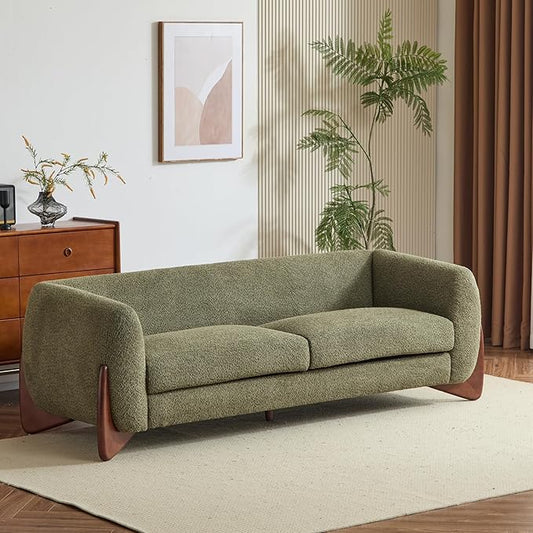 Merax 82 Inch Boucle Sherpa Sofa, Chenille Loveseat with Removable Cushions & Wood Legs, Modern Plush 3-Seater Couch for Living Room, Olive Green