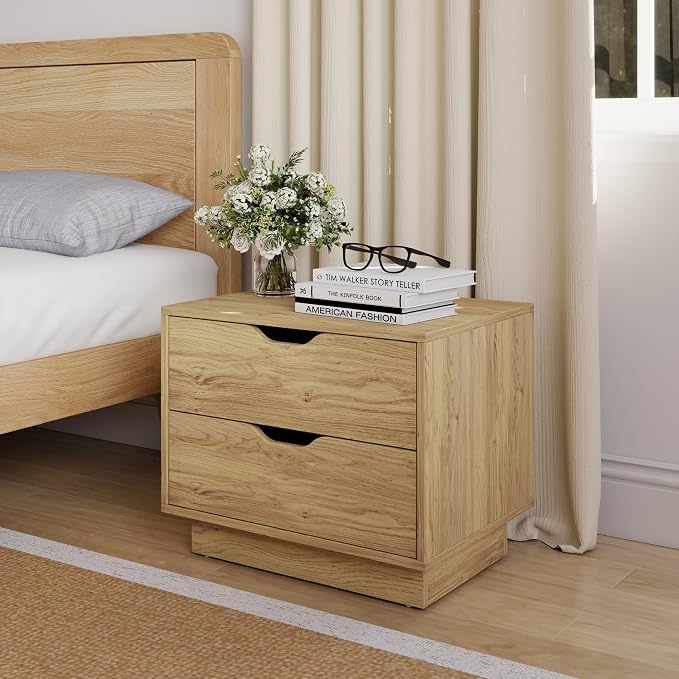 Modern Nightstand with Charging Station, Night Stand Wood Bedside Tables with 2 Storage Drawers, End Table for Bedroom, Office, Sofa, Natural by Owipaw