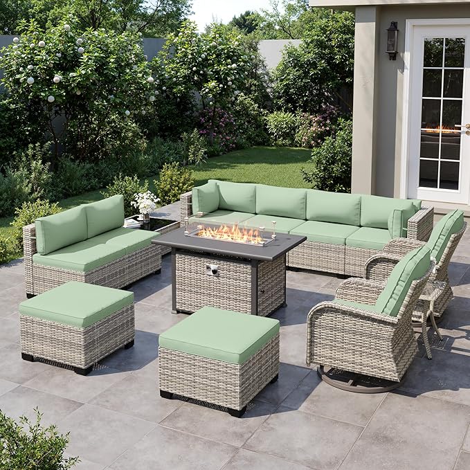13-Piece Outdoor Patio Furniture Set with Rocking Swivel Chair, Wicker Rattan Sectional Sofa Conversation Set with 55,000 BTU Fire Pit Table with Ottomans, Backyard Furniture, Light Green
