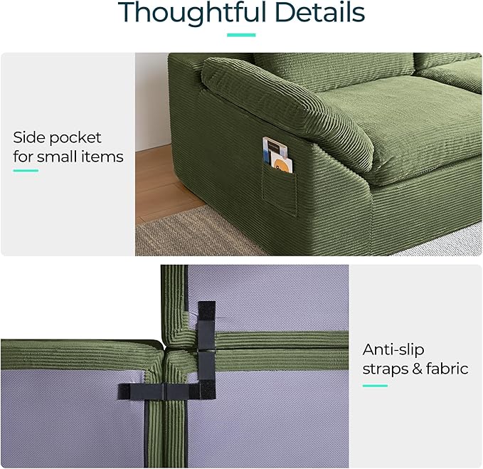 LINSY HOME Modern Boneless Cloud Couch Set with Movable Ottomans, Deep Seat Corduroy Secional Sofa Couch Sets for Living Room, Apartment, Office, No Assembly Required, Green