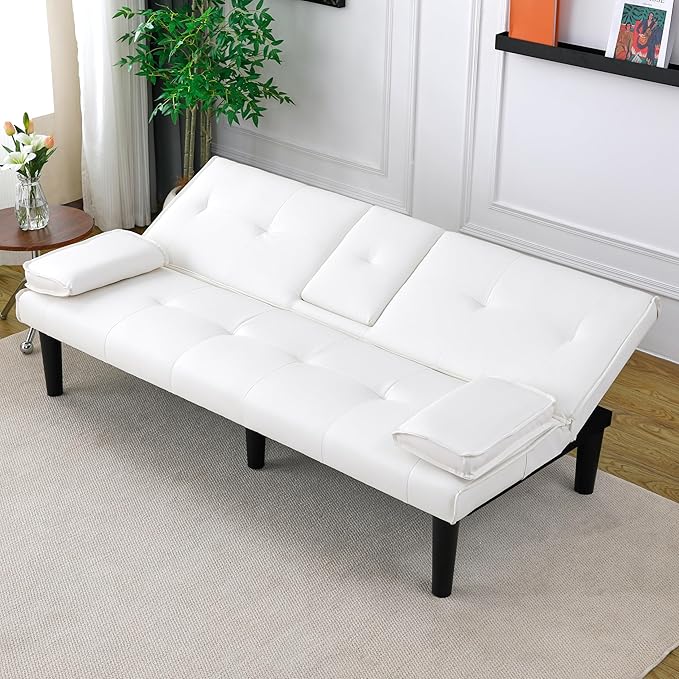 KEIKI 67" Convertible Sofa Bed with Cup Holder, 3 in 1 Futon Sleeper Sofa Chair, PVC Upholstered Sofa for Living Room or Office, White