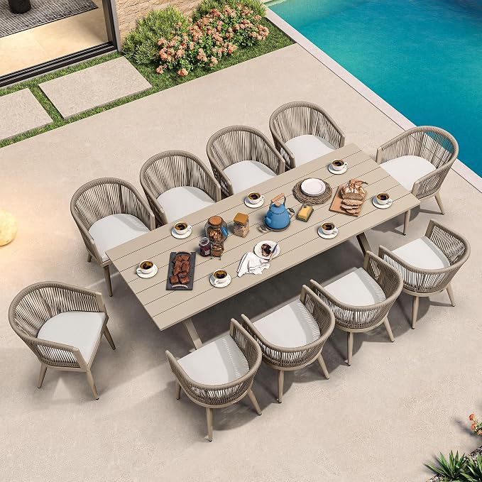 PURPLE LEAF Patio Dining Set for 10 All-Weather Wicker 11 Piece Aluminium Outdoor Table and Chairs Set Included Cushions for Backyard Indoor Decor Kitchen Modern Outdoor Furniture Set Champagne by PURPLELEAF