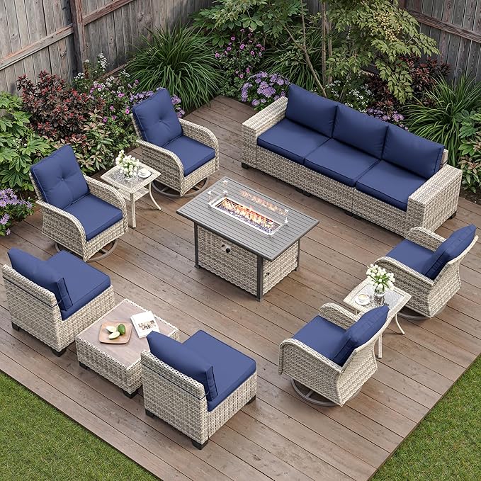 13-Piece Outdoor Patio Furniture Set with Rocking Swivel Chair, PE Wicker Rattan Sectional Sofa Patio Conversation Set with 55,000 BTU Fire Pit Table & Coffee Table, Navy Blue