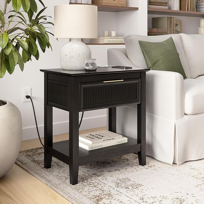 Bush Home Fluted Nightstand with Drawer, Bedroom Furniture, Camille Collection, Onyx Birch Black - Image 4
