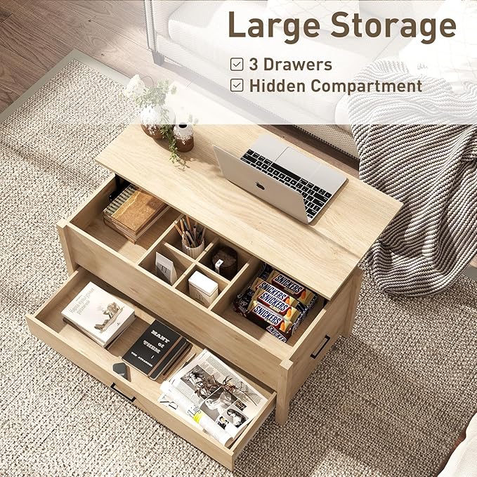 Bonzy Home Lift Top Coffee Table, Wooden Center Table with 3 Drawers and Hidden Compartments, Rectangle Coffee Table for Living Room, Natural Oak
