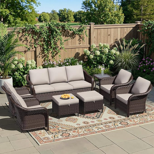 8 Piece Patio Wicker Conversation Set, All-Weather Use Outdoor Wicker Sofa with 2 PE Rattan Ottomans,4 Chair, 1 Side Table, Ideal for Porch, Backyard, Balcony, Poolside, Beige