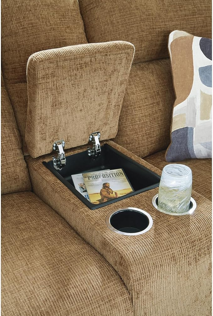 Signature Design by Ashley Kanlow Contemporary Manual Double Reclining Loveseat with Console, Storage, Cup Holders and 2 Accent Pillows, Light Brown