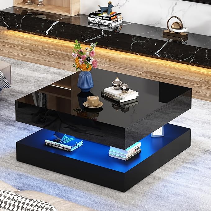 33.9" LED Coffee Table with Storage, Modern High Glossy Living Room Table w/2 Drawers,Double-Layer Design Large Square Center Table for Living Room, Home, Office, Black