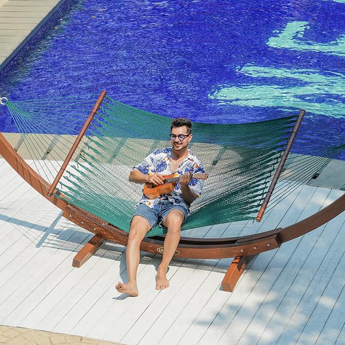 Lazy Daze Hammocks 10.5 FT Double 2 Person Caribbean Rope Hammock, Hand Woven Polyester Hammock with Spreader Bars, for Outside Outdoor Backyard Patio Poolside, 450 LBS Capacity, Green - Image 9